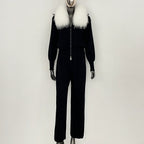 OFTBUY Winter New Women's Knitted Tracksuit Set with Fox Fur Collar Zipper Jacket Wide Leg Pants Luxury Casual Two-Piece Outfit