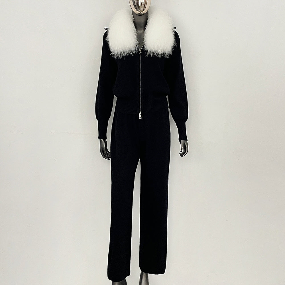 OFTBUY Winter New Women's Knitted Tracksuit Set with Fox Fur Collar Zipper Jacket Wide Leg Pants Luxury Casual Two-Piece Outfit