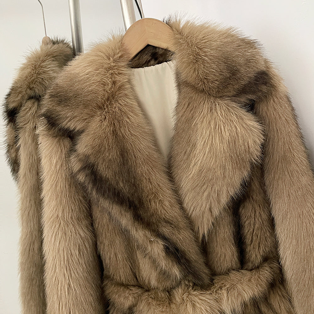 OFTBUY Luxury Long-Length Belted Faux Fur Coat - Premium Vegan Silver Fox Style Overcoat with Oversized Lapel