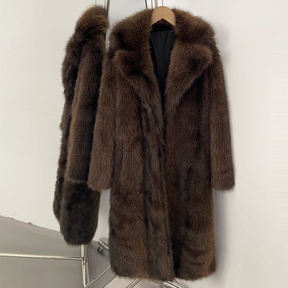 Rich coffee brown luxury long-line faux fur coat with notch lapel on a hanger