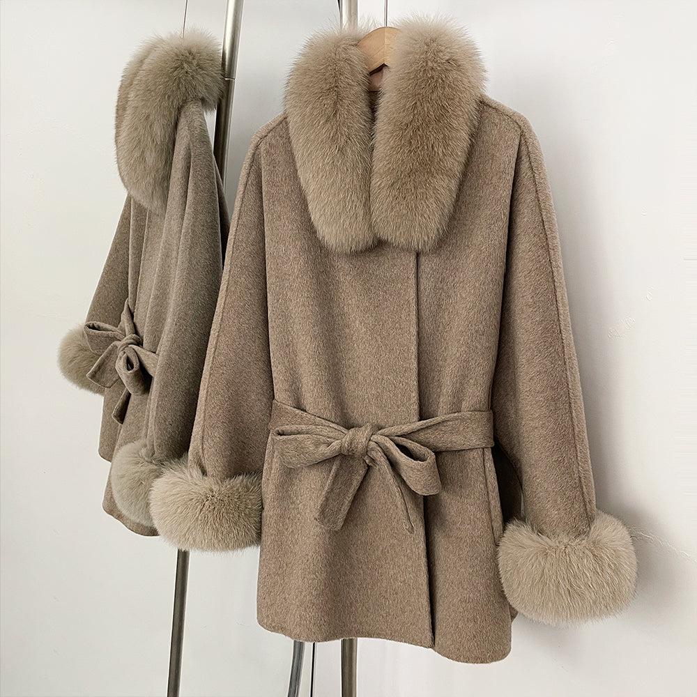 OFTBUY Belted Waist Elegant Winter Luxury Woolen Outerwear Female New Women's Wool Coat Large Real Fox Fur Collar and Cuffs
