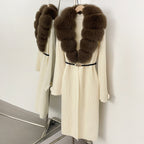 OFTBUY Warm Winter Elegant Fashion knit Outerwear female New Women's Knit Long Coat with Large Real Fox Fur Collar Belted Waist