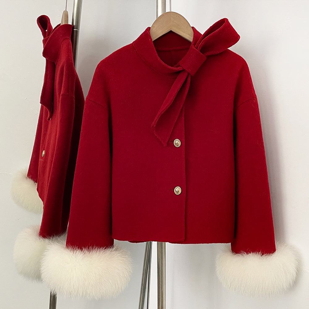 OFTBUY Winter New Style Bowcroppedsleeve Opening Real Fox Fur Cuffs Wool Coat Double-sided Woolen Goods Overcoat Jacket Women