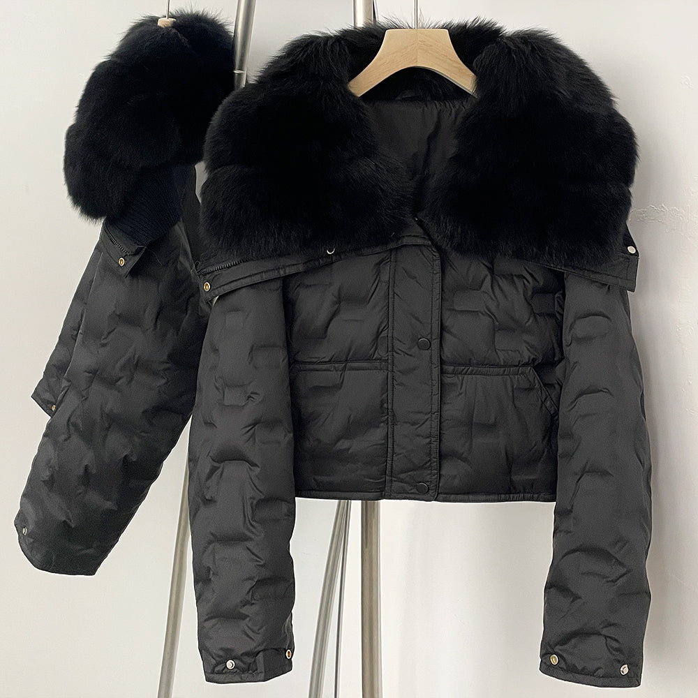 OFTBUY Thickened Warm Fluffy Real Fox Fur Puffer Jacket Women Short Long Sleeve White Duck Down Coat Female New Winter Clothing