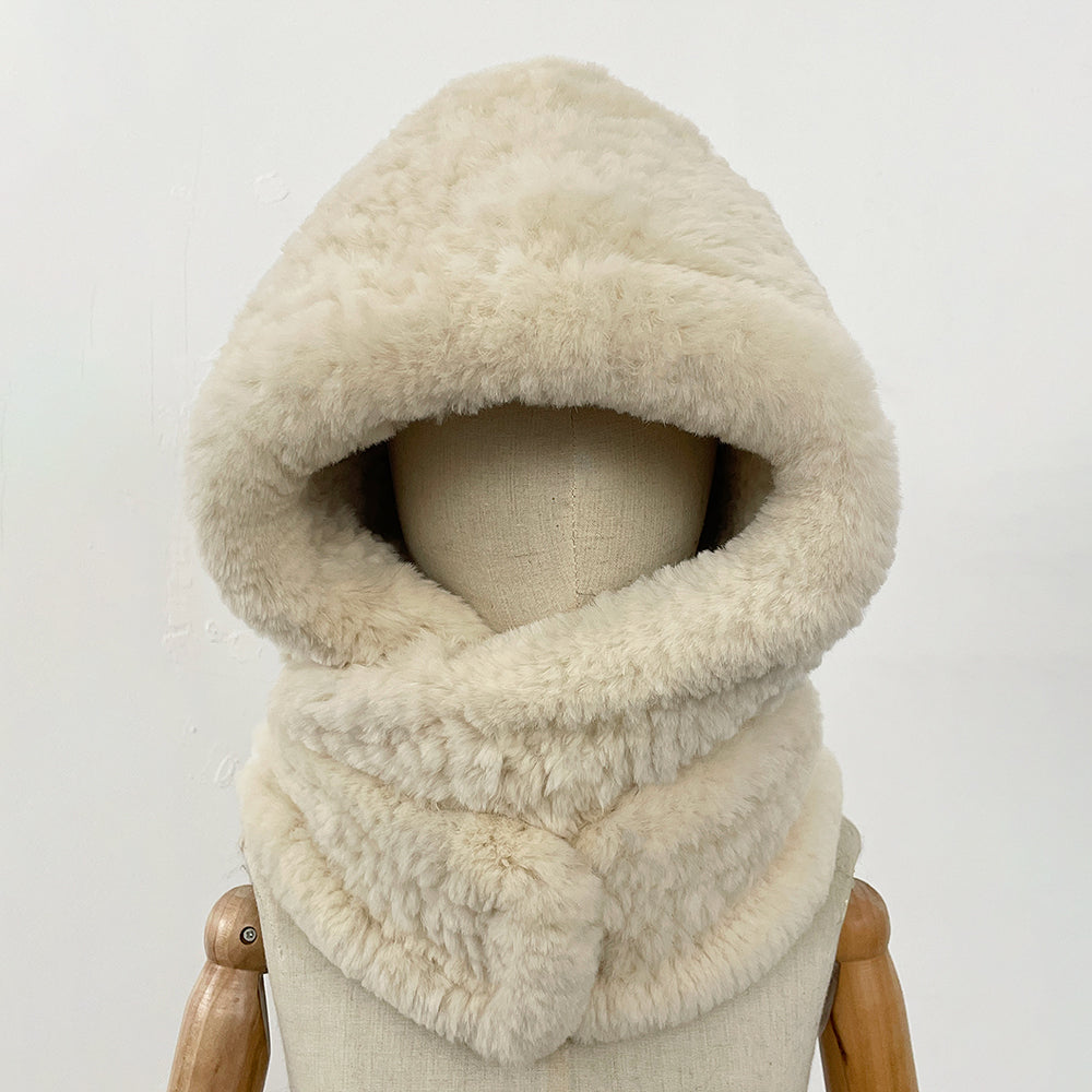 OFTBUY New Winter Cute Windproof Real Fur Cycling Cap with Muffler Female Thick Warm Natural Rabbit Fur Bomber Hat Scarf Women