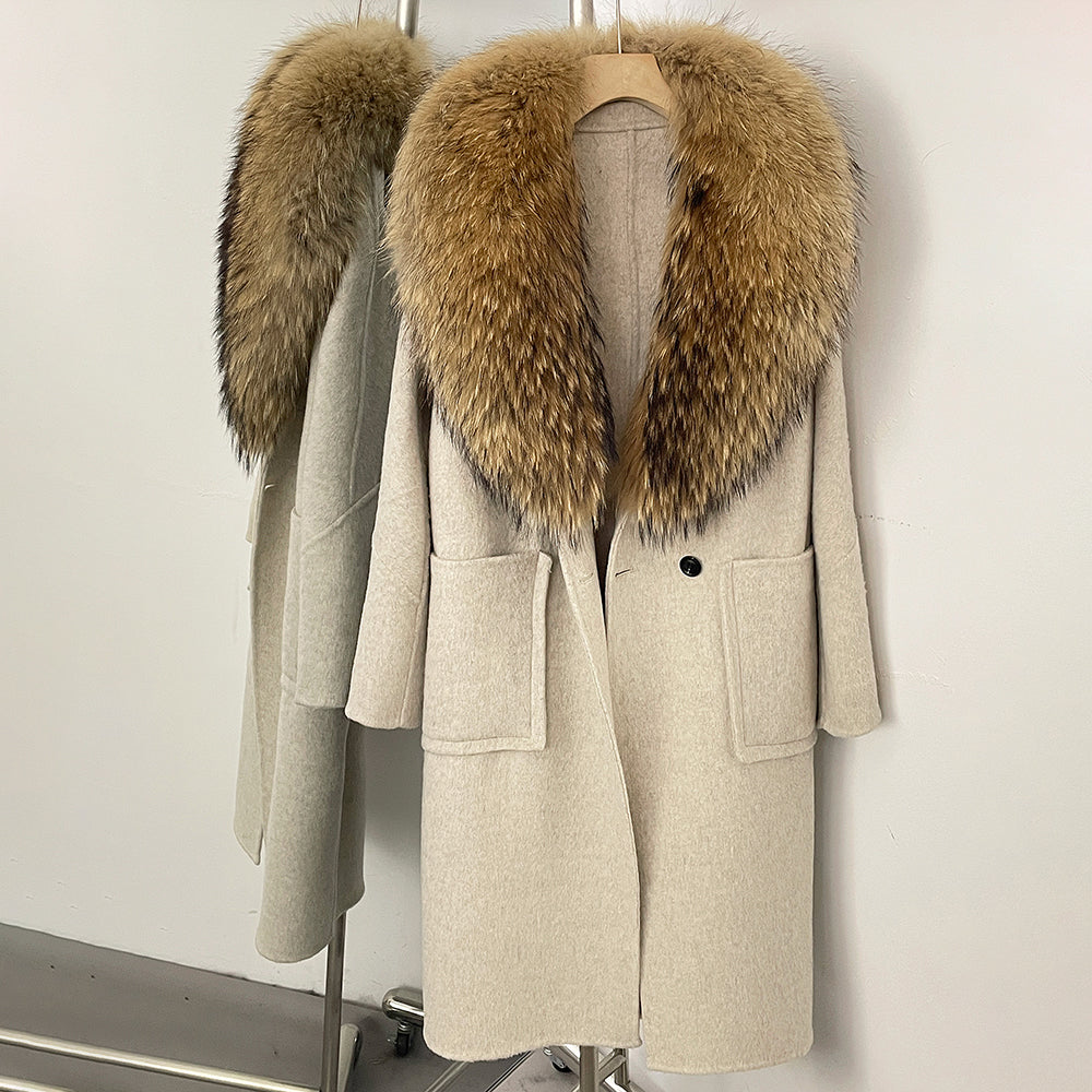 OFTBUY Double Breasted Pockets Long Luxury Warm Winter Outerwear New Women's Double-Faced Wool Coat with Real Fox Fur Collar