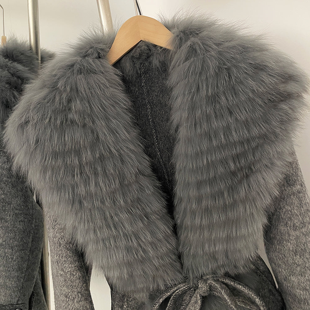 OFTBUY New Autumn Winter Belt Top Clothes Mid-length Real Fox Fur Woolen Coat Female Fashion Warm Natural Fur Wool Jacket Women