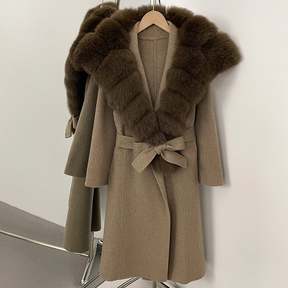 OFTBUY Long Belt Real Fur Wool Coat Female New Autumn Winter Warm Clothes Women Natural Fox Fur Collar Cashmere Woolen Jacket