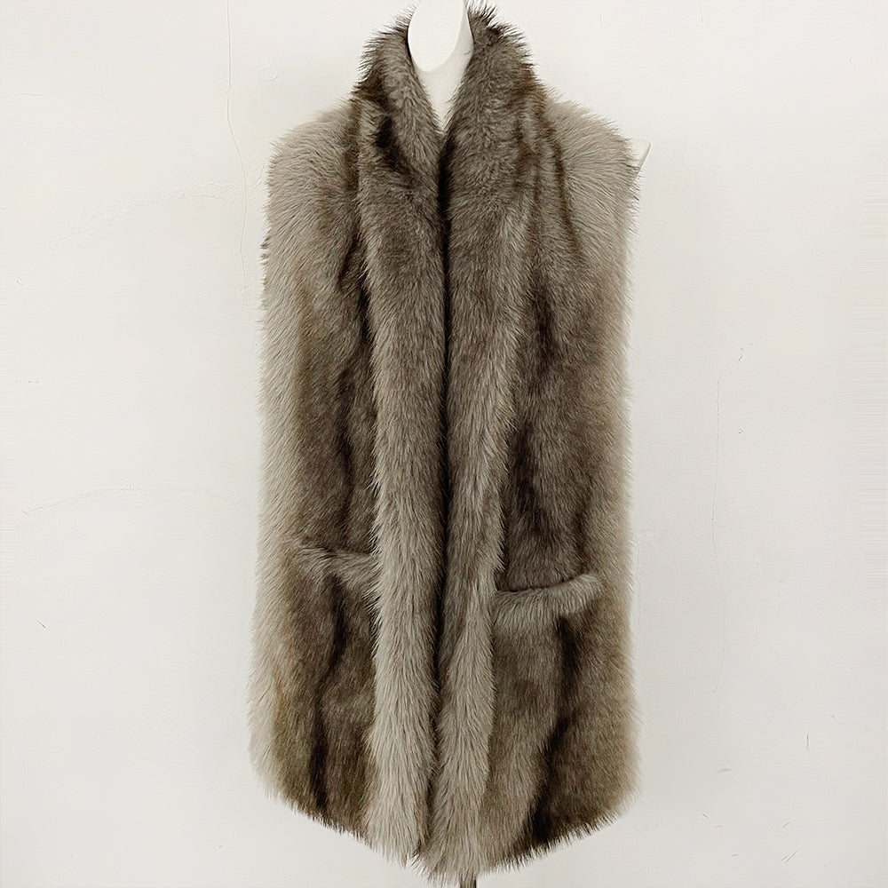 OFTBUY Luxury Long-Line Faux Fur Gilet - Premium Vegan Fox Fur Sleeveless Overcoat with Oversized Shawl Collar