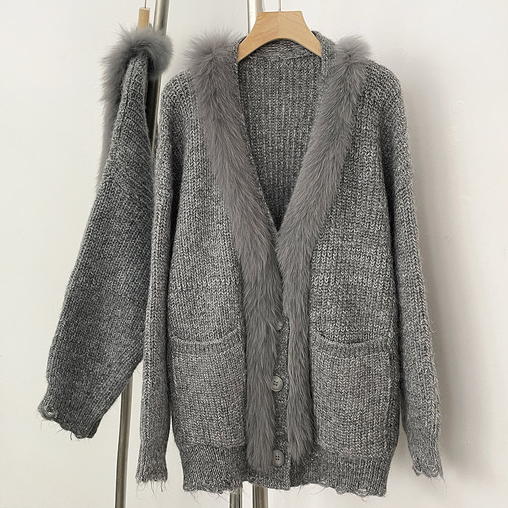 OFTBUY New Spring Autumn Knitting Clothes Women Knitted Long Sleeves Sweater Coat Female Fashion Real Fox Fur Cardigan Jacket