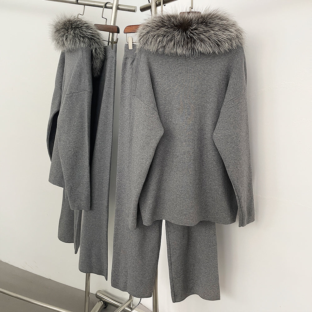 OFTBUY Knitted Pant Set Female Fashion Warm Real Fox Fur Sweater Lady New Autumn Winter Plus Size Woman Clothes Outfits Knitwear