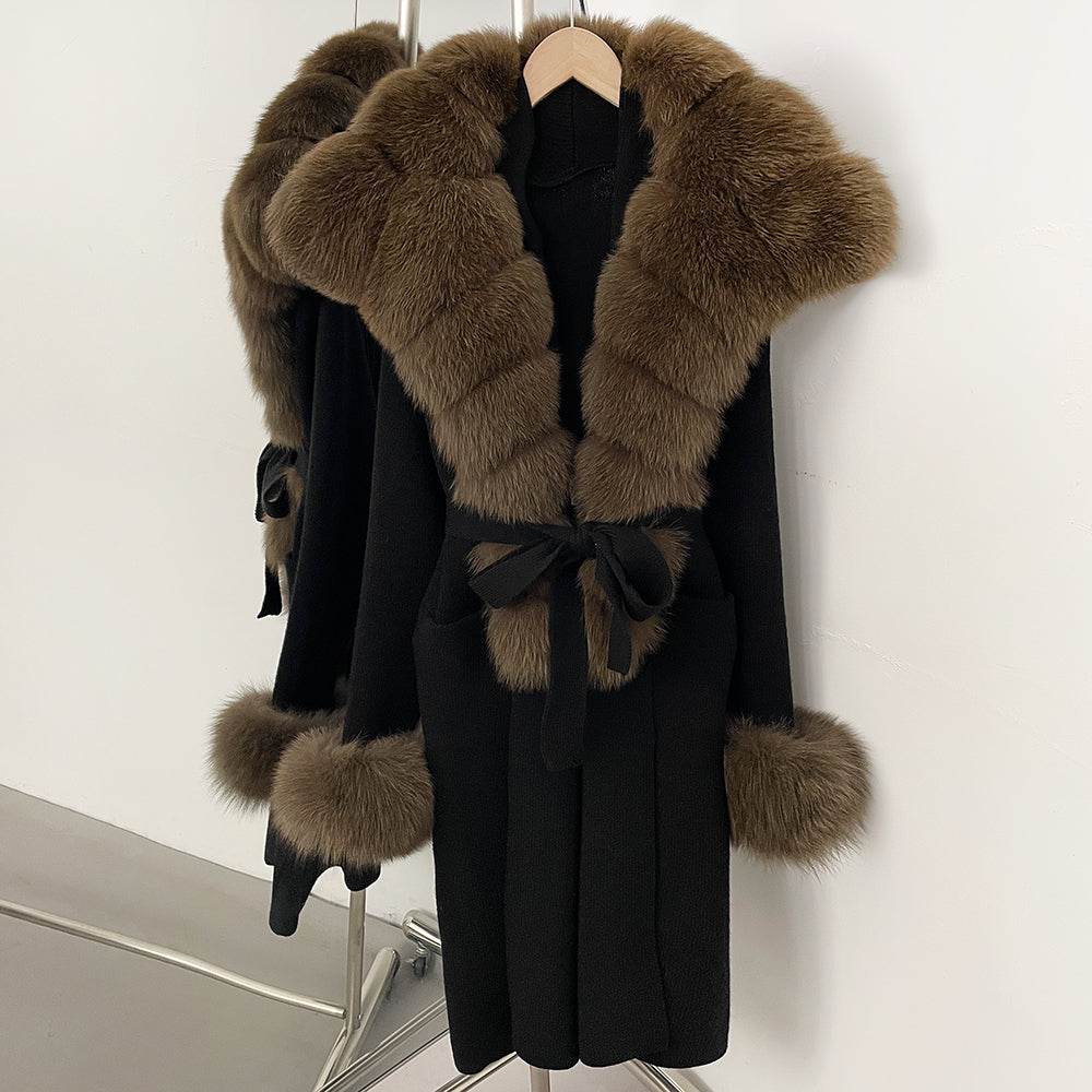 OFTBUY Fashion Warm Belt Real Fox Fur Cardigan New Natural Fur Collar Long Knit Jacket Women Atrumn Winter Top Clothing Female