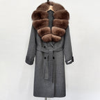 OFTBUY Winter Jacket Women Woolen Blends Coat Natural Real Fox Fur Collar Belt Loose Outerwear Casual Outerwear Streetwear