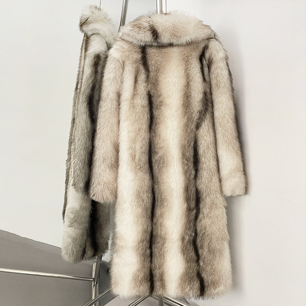 OFTBUY Luxury Long-Line Notch Lapel Faux Fur Coat - Elegant Winter Vegan Fur Overcoat