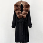 OFTBUY Winter Jacket Women Woolen Blends Coat Natural Real Fox Fur Collar Belt Loose Outerwear Casual Outerwear Streetwear