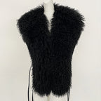 OFTBUY Women's Faux Mongolian Fur Vest Open Front Fluffy Faux Fur Waistcoat with Back Tie New Autumn Winter Outerwear Female