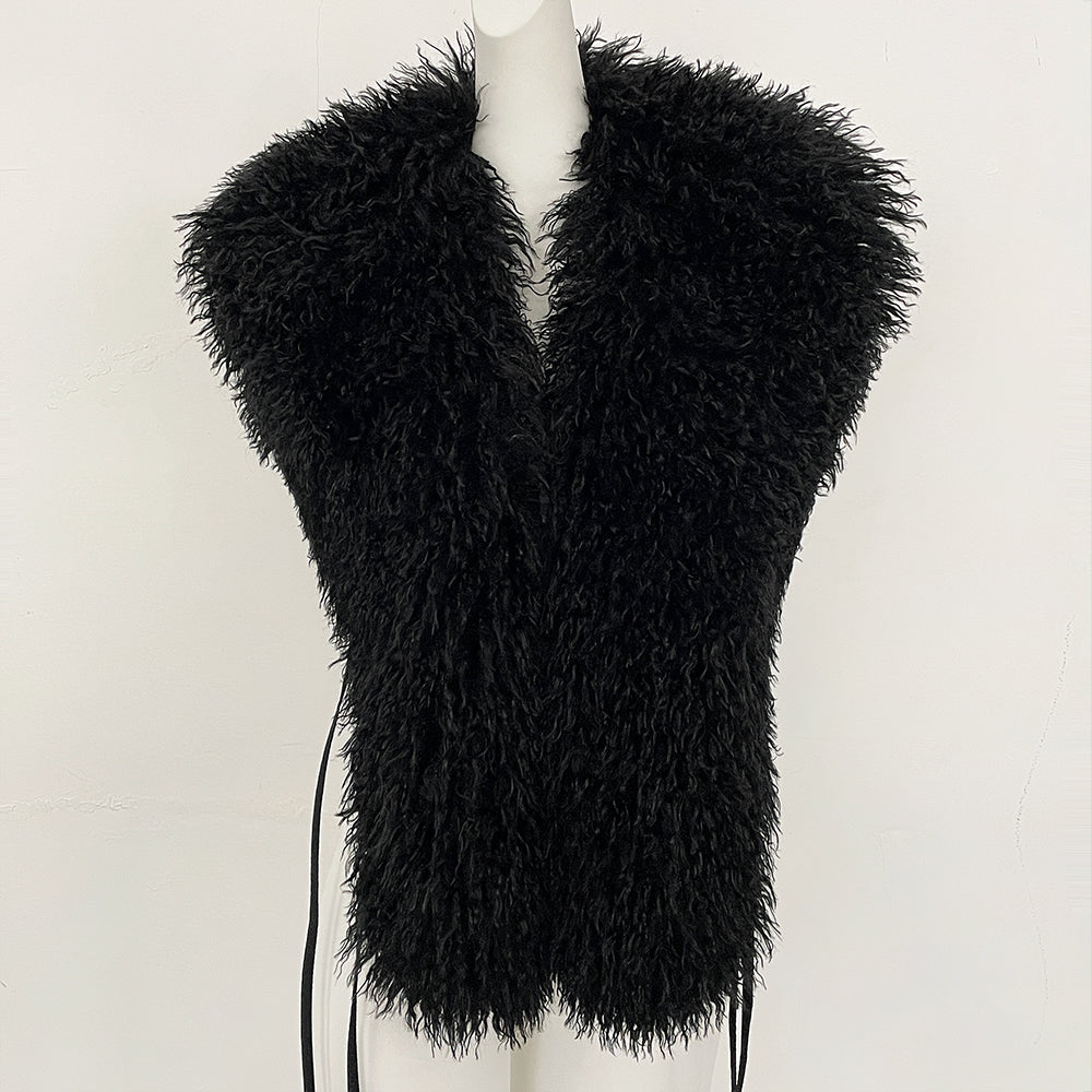 OFTBUY Women's Faux Mongolian Fur Vest Open Front Fluffy Faux Fur Waistcoat with Back Tie New Autumn Winter Outerwear Female