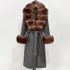 OFTBUY Fashion Warm Woolen Jacket with Real Fox Fur Collar and Cuffs New Autumn Winter Wool Clothing Women Long Belt Outerwear