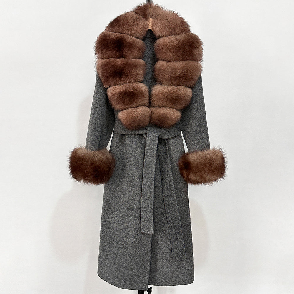 OFTBUY Fashion Warm Woolen Jacket with Real Fox Fur Collar and Cuffs New Autumn Winter Wool Clothing Women Long Belt Outerwear