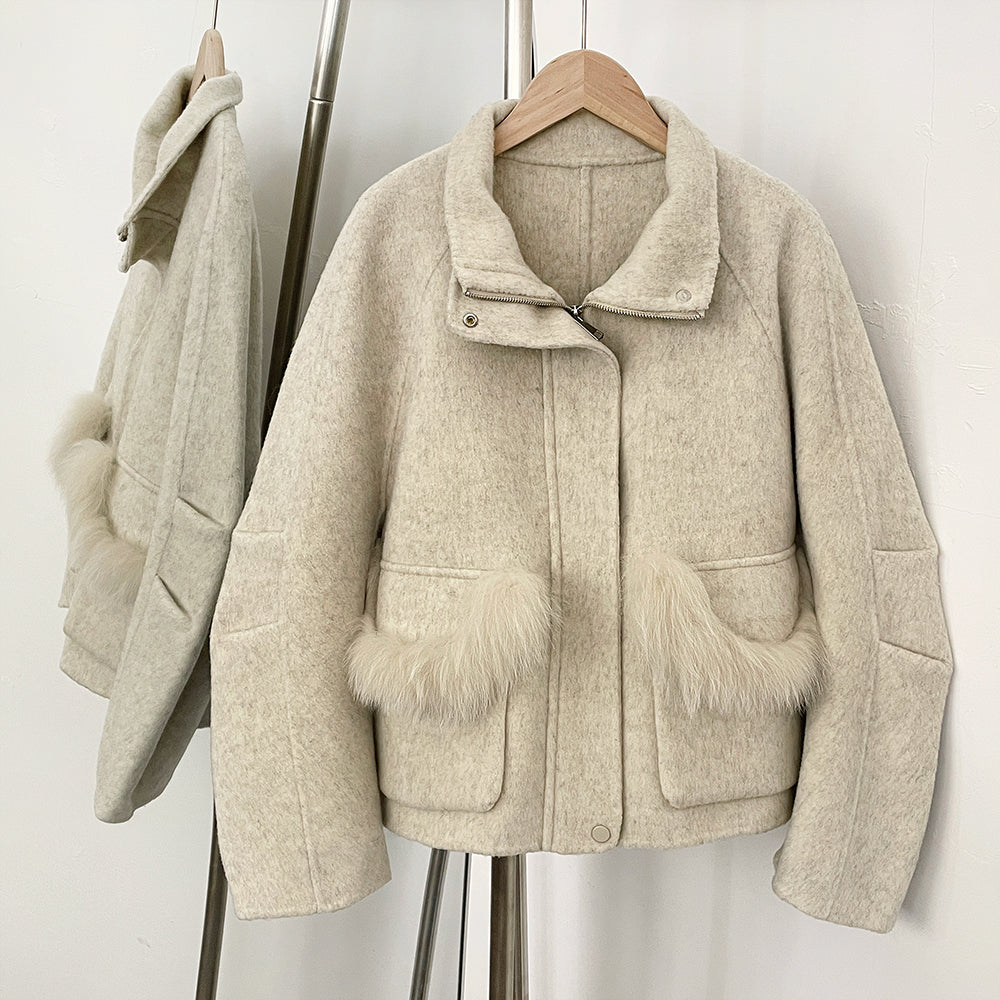 OFTBUY Short Zipper Real Fox Fur Woolen Jacket Fashion Casual Long Sleeves Woo Coat Female with Bag New Autumn Clothes Women