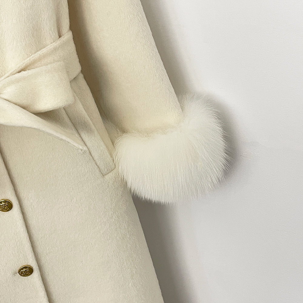 OFTBUY New Women's Wool Coat with Real Fox Fur Collar Cuffs Belted Waist Gold Button Elegant Winter Luxury Outerwear Female