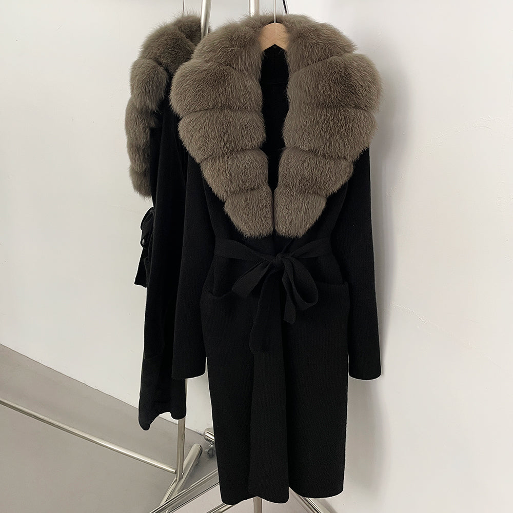 OFTBUY Women's Luxury Brown Knit Cardigan with Real Fox Fur Collar Belted Sweater Coat Female New Fashion Warm Winter Outerwear