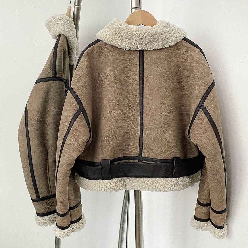 OFTBUY New Winter Clothing Woman's Fashion Thick Warm Faux Fur Shearling Jacket Coat Vintage Long Sleeve Belt Hem Jacket Female