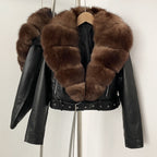 OFTBUY Natural Fox Fur Faux Leather Jacket Female New Autumn Short Top Clothing Women Long Sleeve Fake Leather Real Fur Coat