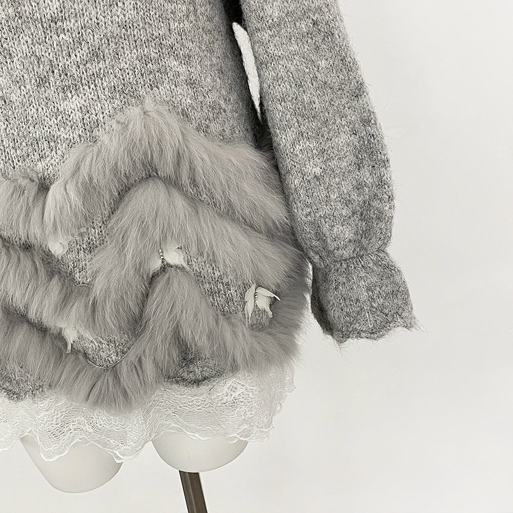 OFTBUY New Spring Autumn Flowers Butterflies Knitting Pullovers Clothes Women Halves Knitted Sweater Female Real Fox Fur Coat