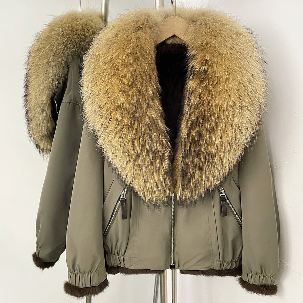 Army green winter parka with a large natural raccoon fur collar and warm lining