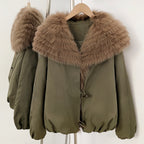 Army olive green windproof 90 duck down short jacket with full fox fur placket trim