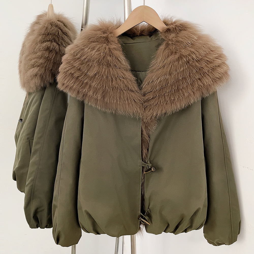 Army olive green windproof 90 duck down short jacket with full fox fur placket trim