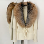 OFTBUY Luxury 100% Cotton Jacket with Real Fox Fur Collar New Autumn Winter Knit Cardigan Women Slim Warm Sweater Outerwear Lady