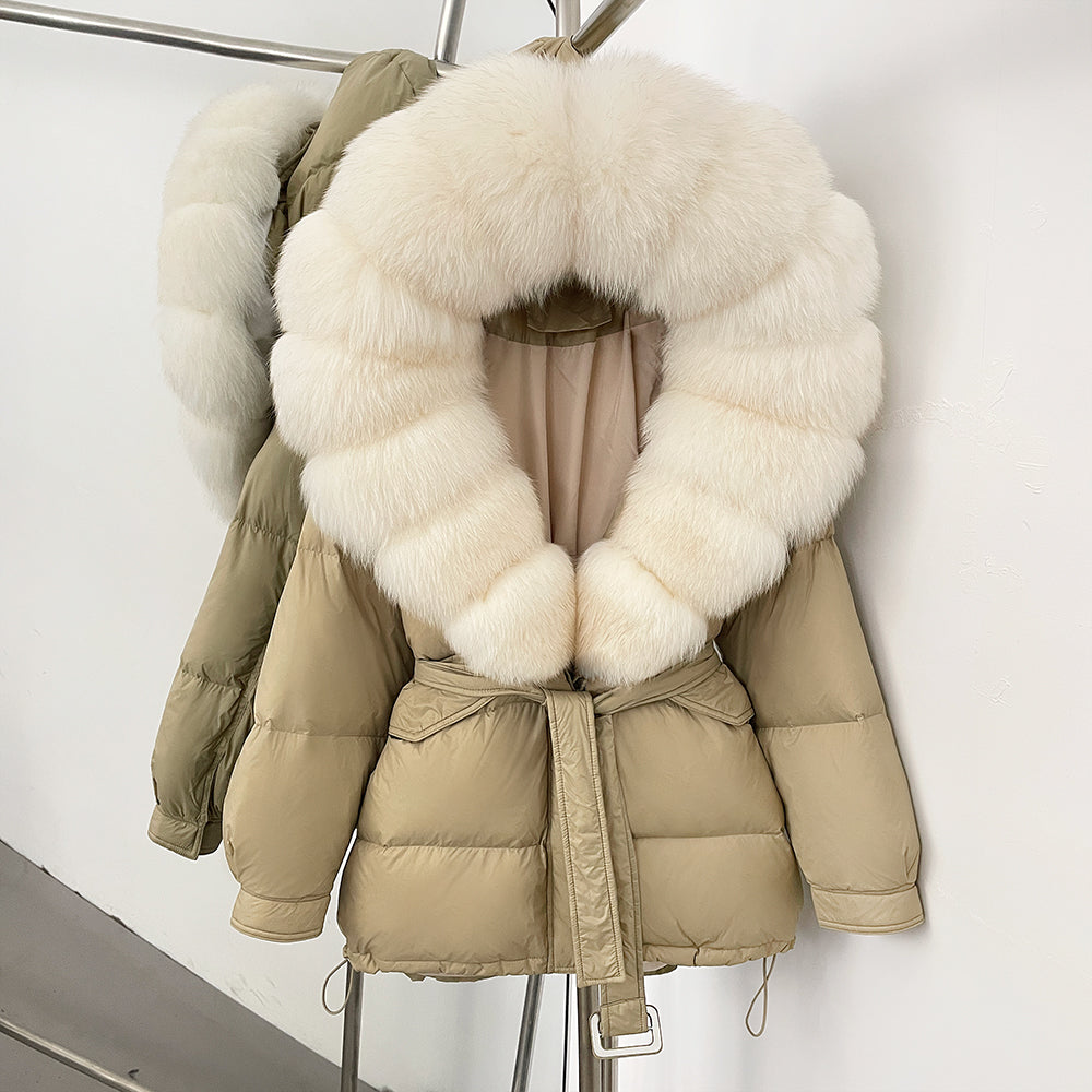 OFTBUY Thick Warm Mid-Long Puffer Coat Real Fox Fur Collar White Duck Down Coat Female Loose Warm Hooded Parkas With Belt