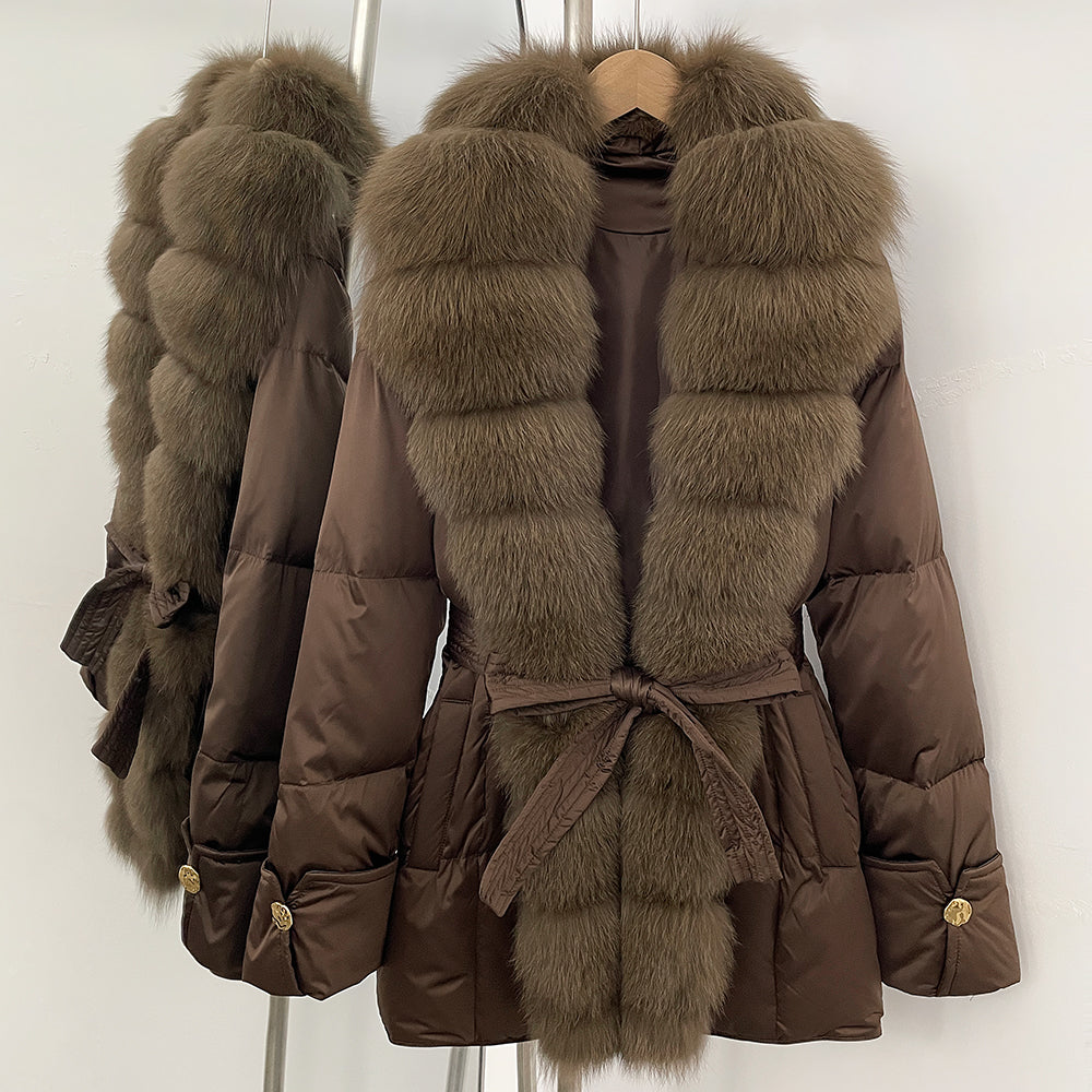 OFTBUY Luxury Women's Down Jacket women Warm Winter Parka Outerwear Duck Down Real Fox Fur Collar Belted Puffer Coat female