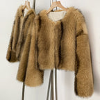 OFTBUY Luxury Collarless Faux Fur Jacket - Chic Short Fluffy Vegan Fur Coat for Women