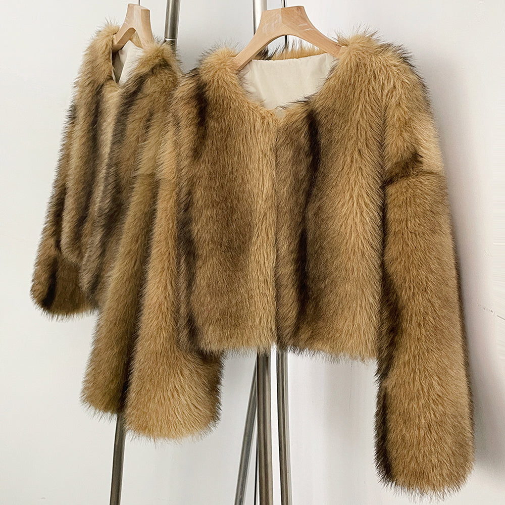 OFTBUY Luxury Collarless Faux Fur Jacket - Chic Short Fluffy Vegan Fur Coat for Women