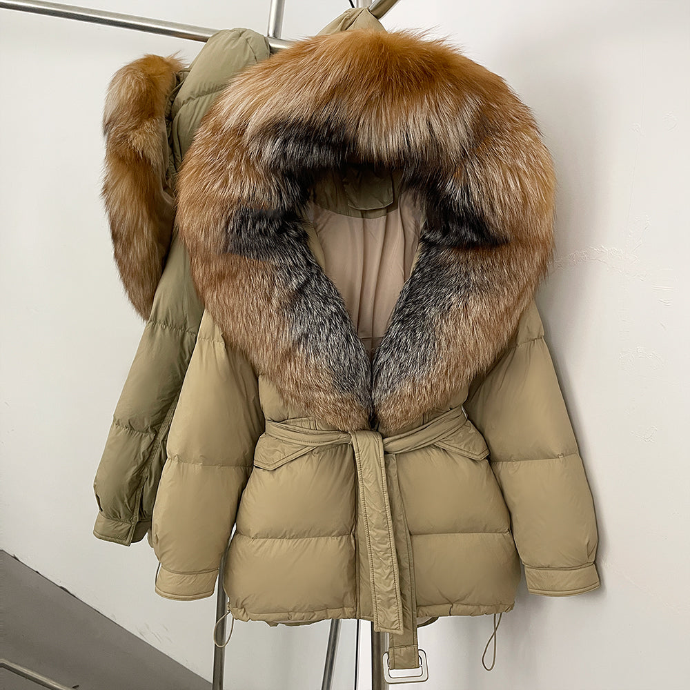 OFTBUY Thick Warm Mid-Long Puffer Coat Real Fox Fur Collar White Duck Down Coat Female Loose Warm Hooded Parkas With Belt