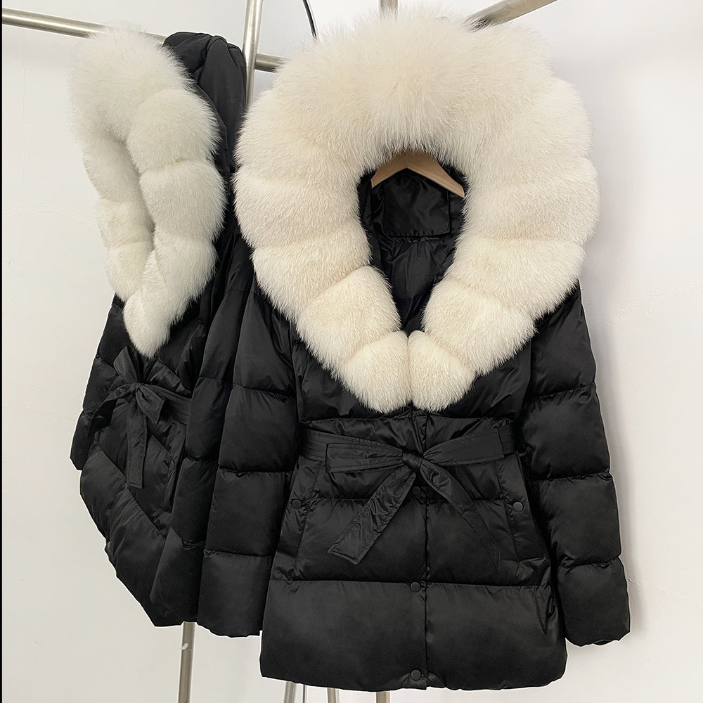 OFTBUY New Women's Duck Down Jacket with Large Real Fox Fur Hood Belted Waist Warm Winter Puffer Coat Lady Luxury Outerwear