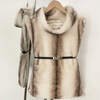 Elegant cream and brown vertical striped faux fur vest with black waist belt