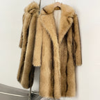 Classic golden-camel warm toned long faux fur coat with notch lapel