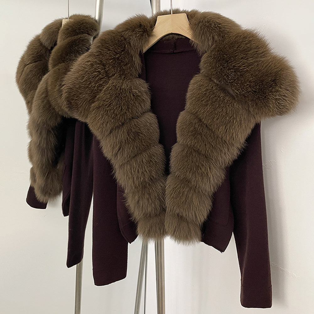 OFTBUY Women's Short Cardigan with Big Real Fox Fur Collar New Autumn Winter Knit Clothing Female Natural Fur Warm Sweater Lady
