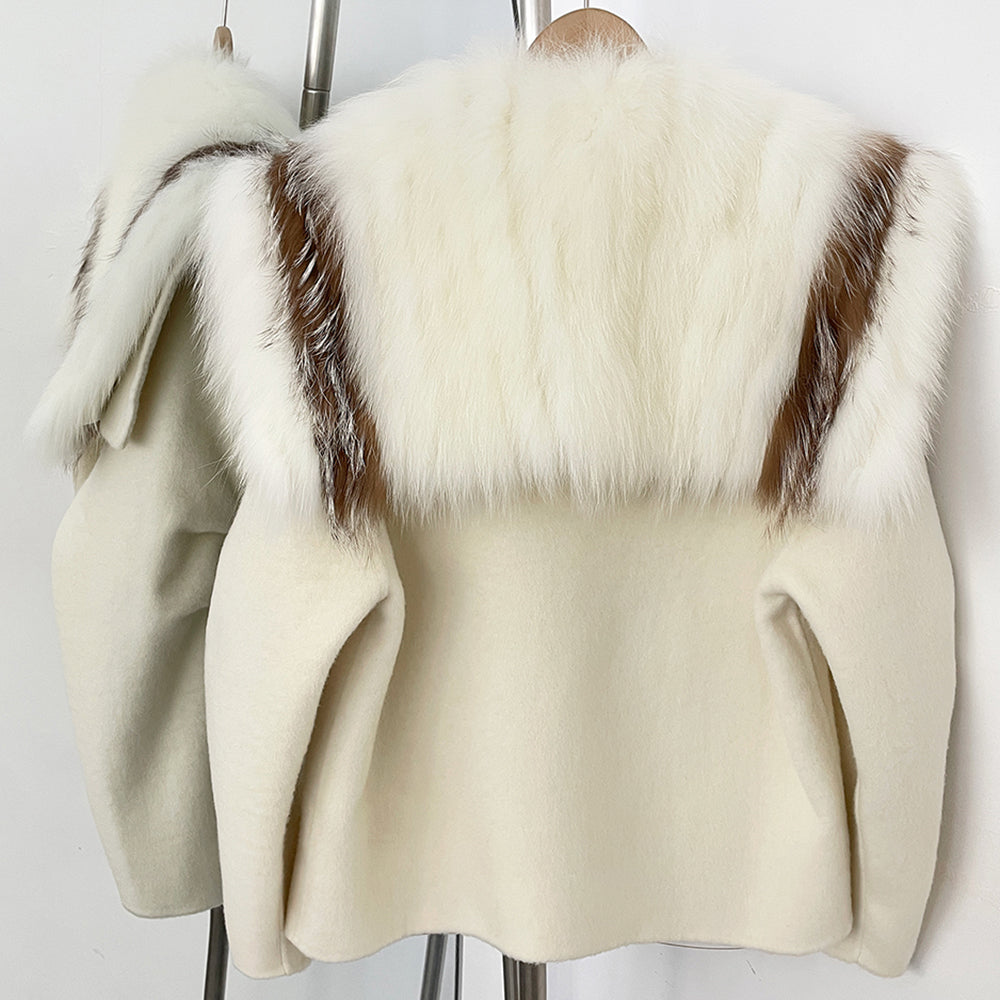 OFTBUY Pockets Warm Winter Luxury Elegant Fashion Outerwear New Women's Double Face Wool Coat with Contrast Real Fox Fur Collar