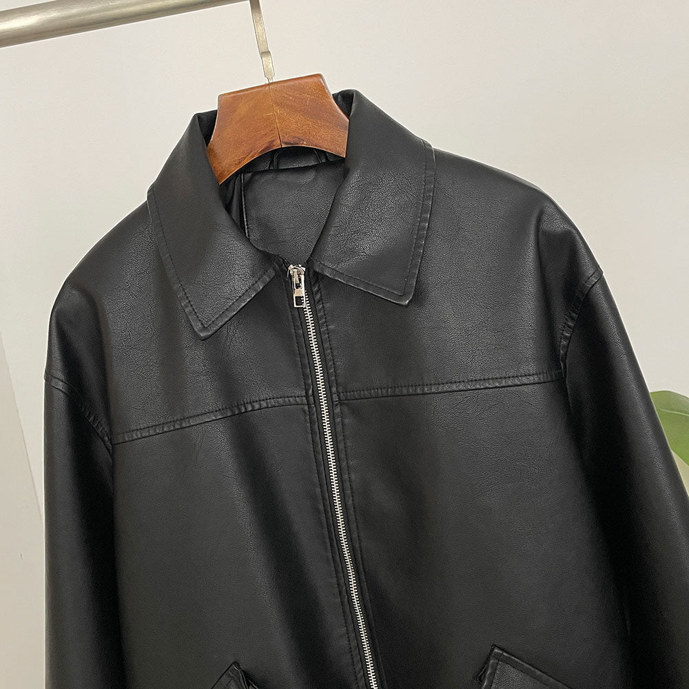 OFTBUY Women's Faux Leather Zip Up Jacket Lapel Collar PU Coat with Pockets new autumn winter Casual Vintage Outerwear female