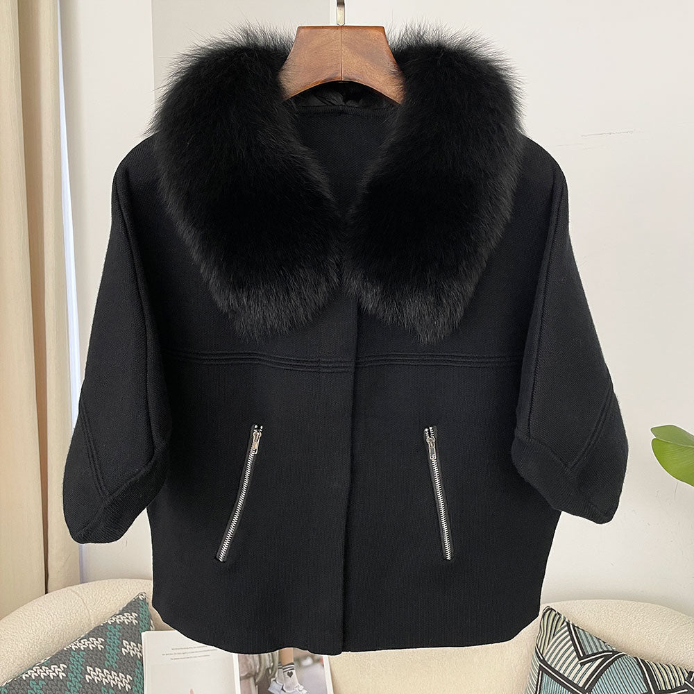 OFTBUY Autumn Winter Real Fox Raccoon Fur Collar Coat Knitted Sweater Women Short Sleeve Jacket Thick Warm Outerwear Streetwear