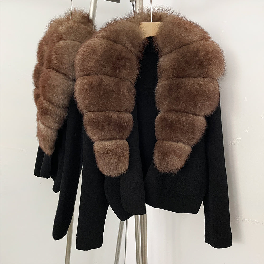 OFTBUY New Women's Knit Cardigan with Large Real Fox Fur Collar Loose Fit Warm Winter Fashion Lady Outerwear Sweater Female