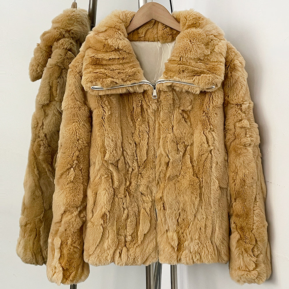 Light camel neutral tone real rabbit fur fold collar zip jacket