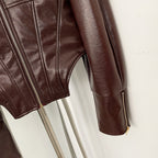 OFTBUY Casual Lapel Sleeve Zipper Fishbone Coats Lady Daily High Street Coat Women's Retro Cinched-waist Coated Leather Jacket