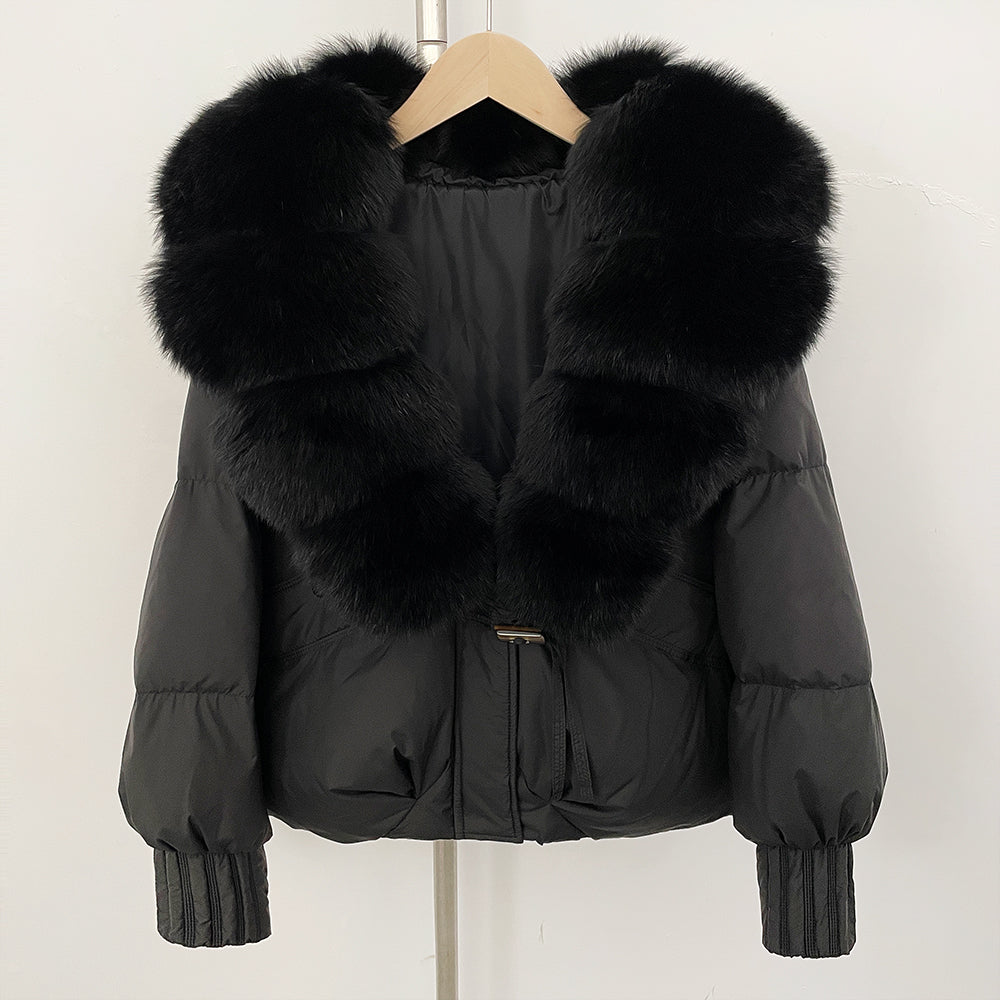 OFTBUY Luxury 90% Duck Down Puffer Jacket with Oversized Real Fox Fur Collar - Short Tiered Winter Coat