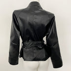 OFTBUY New Women's Lapel Collar Button Faux Leather Jacket Belted Waist Tailored Fit Detail Elegant Fashion Outerwear Female